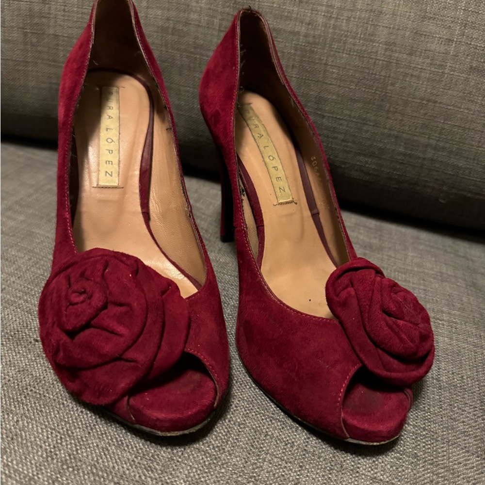 Burgundy suede Pura Lopez heels with rose detail.